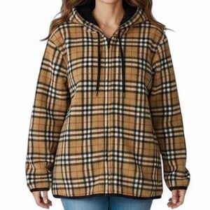 Plaid Sherpa Fleece Zip Hoodie Jacket Beige Preppy Cozy S/M Loungewear Designer